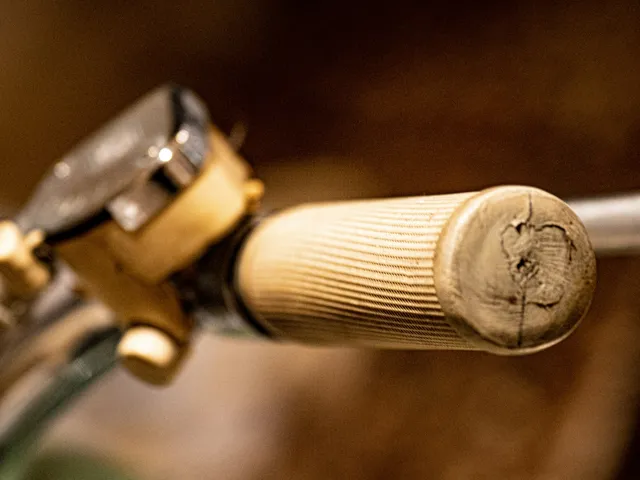 A close-up of a bicycle handlebar with a bell and brake lever, the crowded area where most accessories end up