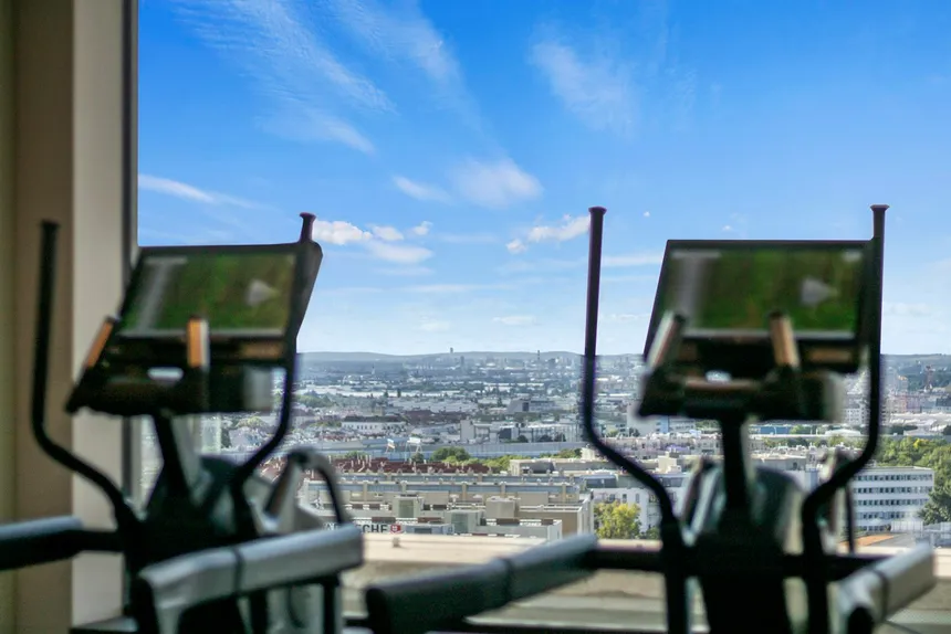 Two elliptical machines facing a floor-to-ceiling window with a city skyline beyond