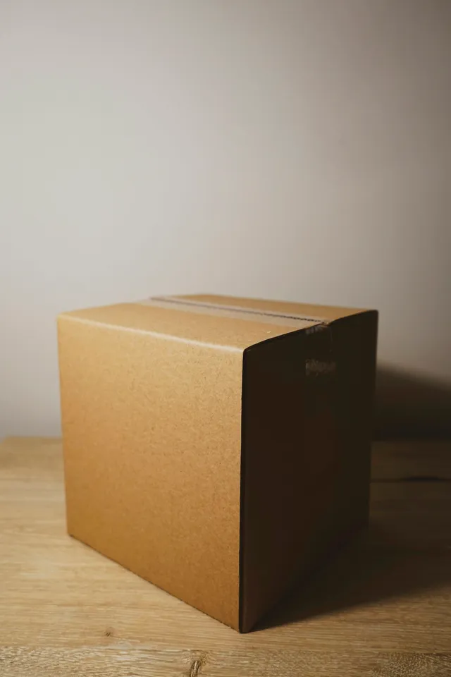 A plain brown cardboard delivery box standing on a wooden floor
