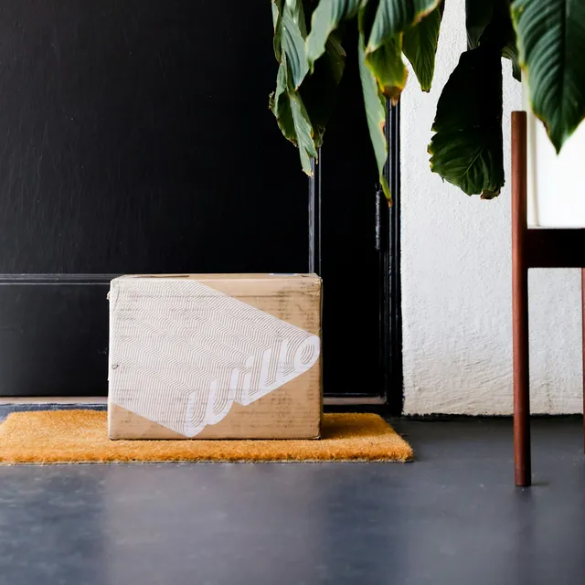 A single delivery box waiting on a doormat by a dark front door