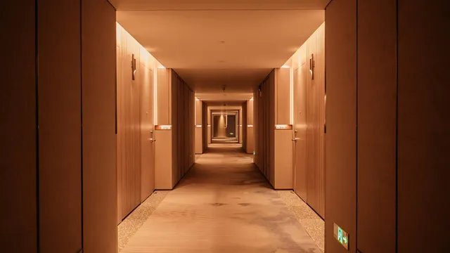 A narrow interior corridor lined with flush doors, receding to a vanishing point