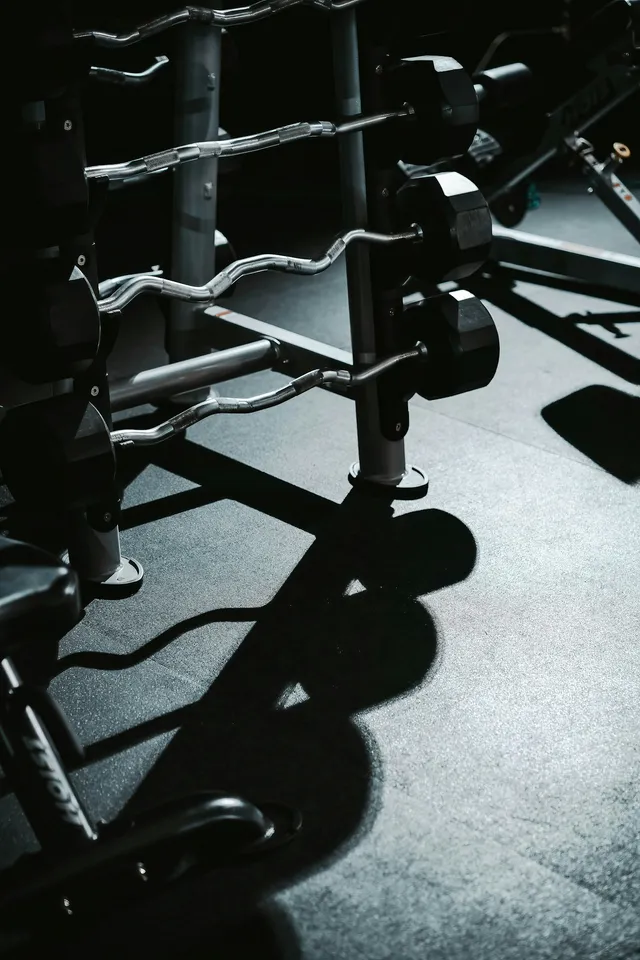 Gym equipment in near darkness, only the edges of the frames picked out by low light