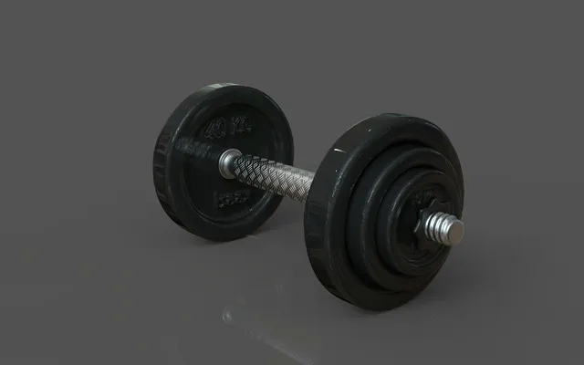 A screw-collar spinlock dumbbell with loose plates on the bar and a threaded collar at one end