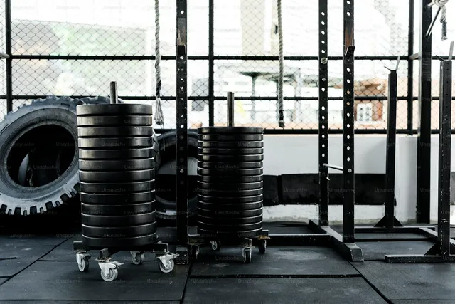 Two tall stacks of weight plates standing on the floor beside a rack, the densest way to store the same load